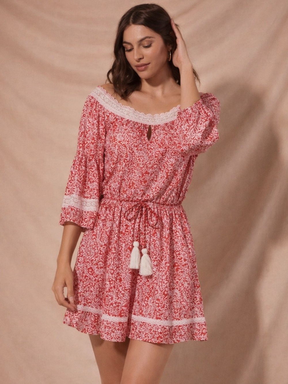 Poupette St Barth Off Shoulder Floral Mini Dress Tassel Waist Pink Sz Small